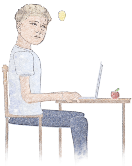 Hand-drawn crayon sketch of Kaon at his laptop